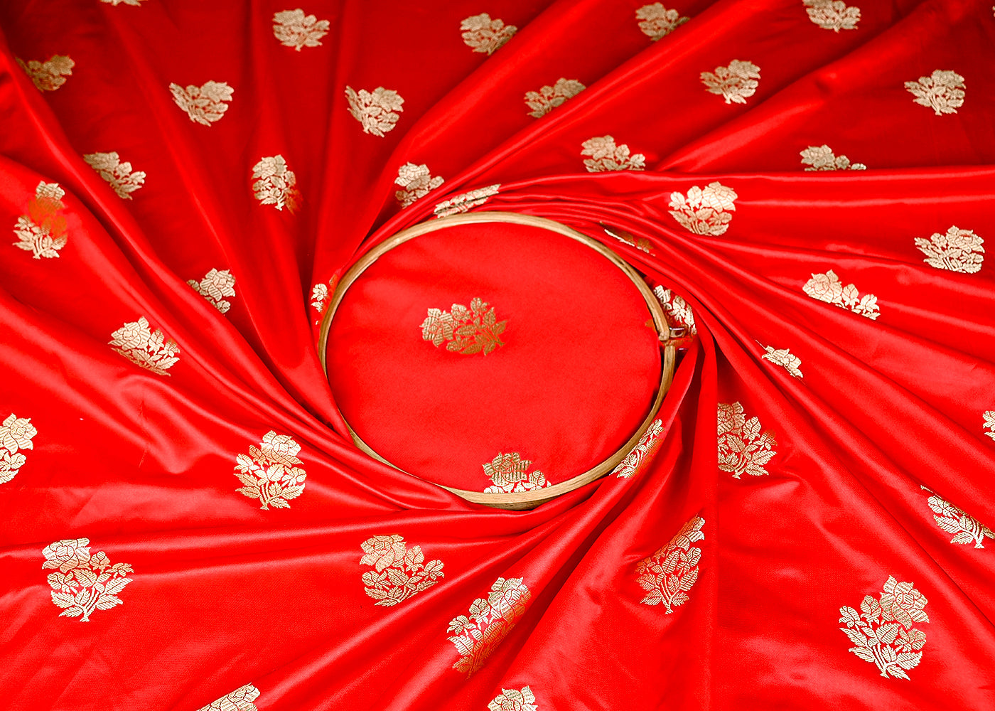 (Pre-Cut 1.9 Mtr) Red Banarasi Brocade Fabric With All Over Zari Handloom 18815