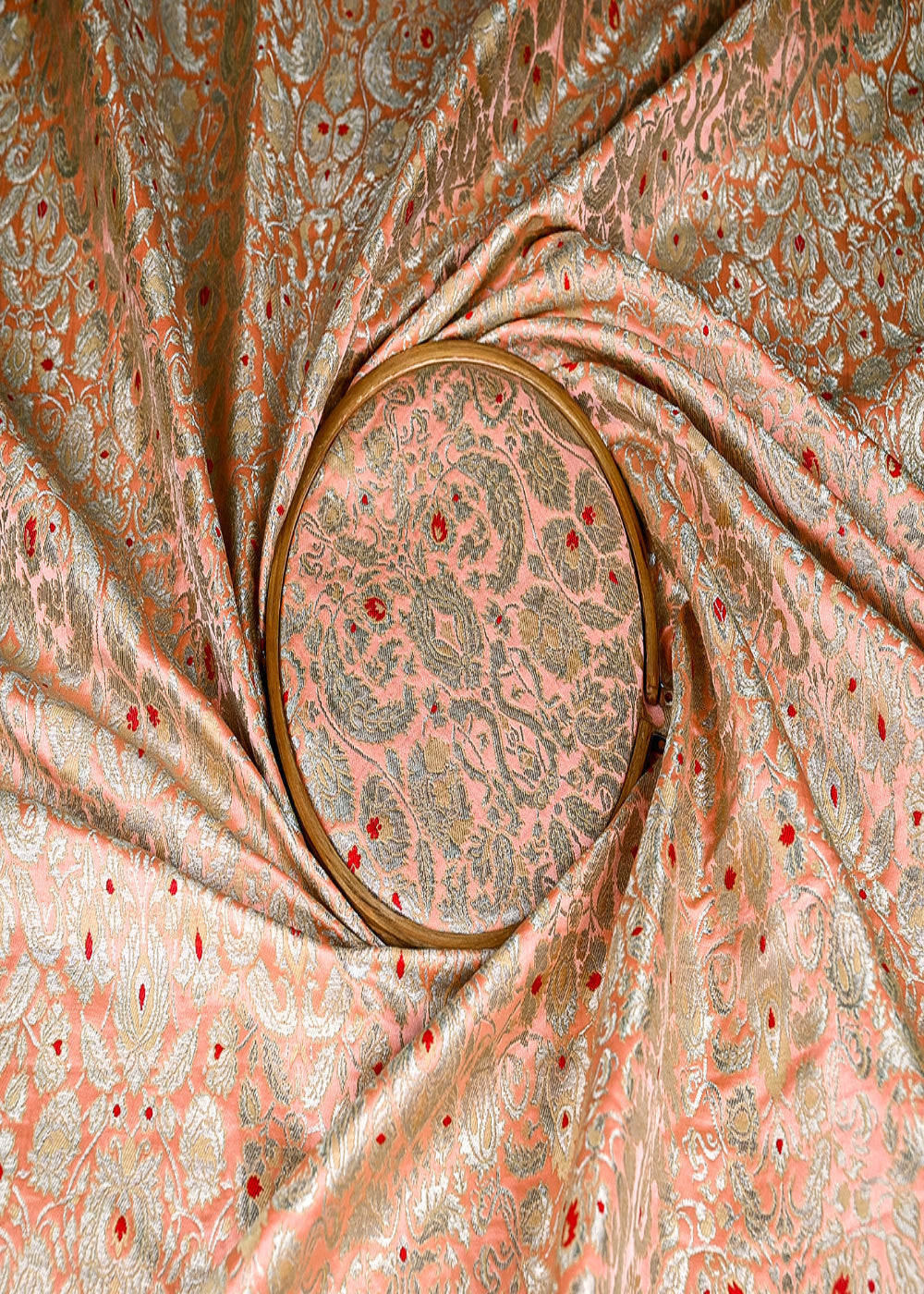 (Pre-Cut-2.35-Mtr)-Peach-Banarasi-Brocade-Fabric-With-All-Over-Thread-And-Zari-Handloom-18818