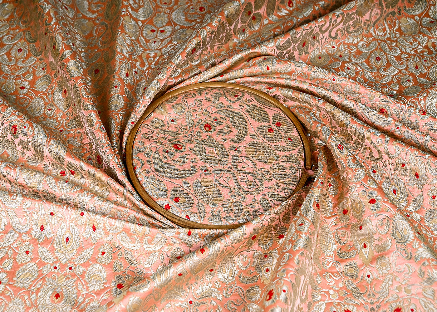 (Pre-Cut 2.35 Mtr) Peach Banarasi Brocade Fabric With All Over Thread And Zari Handloom 18818