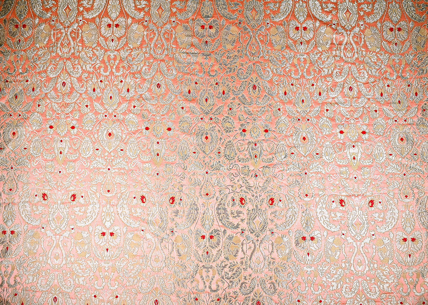 (Pre-Cut 2.35 Mtr) Peach Banarasi Brocade Fabric With All Over Thread And Zari Handloom 18818