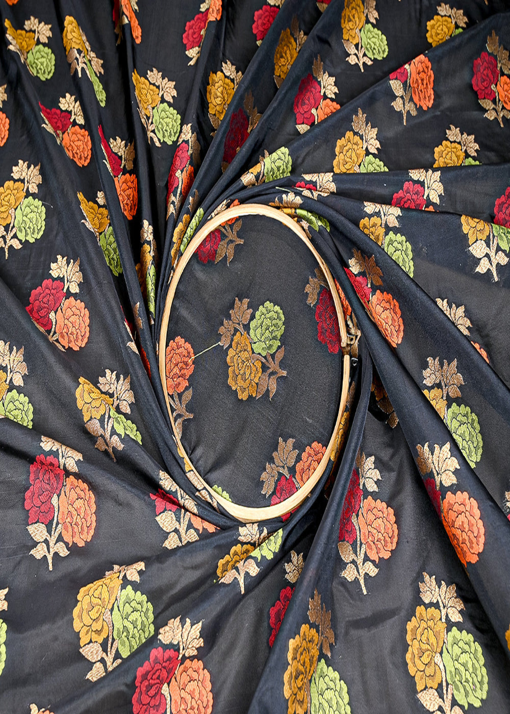 (Pre-Cut-2-Mtr)-Black-Silk-Fabric-With-All-Over-Thread-And-Zari-Handloom-18822