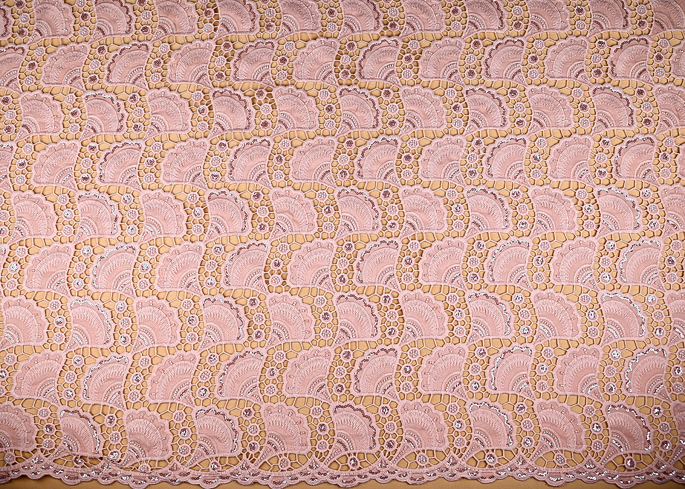 (Pre-Cut 1.15 Mtr) Peach Crepe Fabric With All Over Sequins And Cutwork 18829