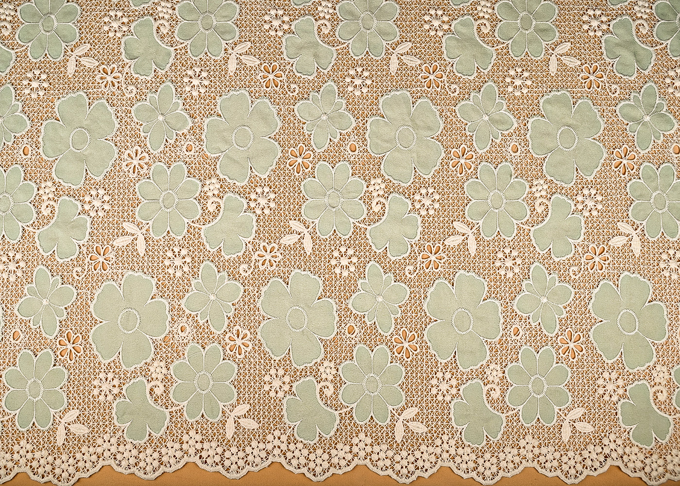(Pre-Cut 2.4 Mtr) Pista Green Crepe Fabric With All Over Cutwork With Floral Pattern 18831