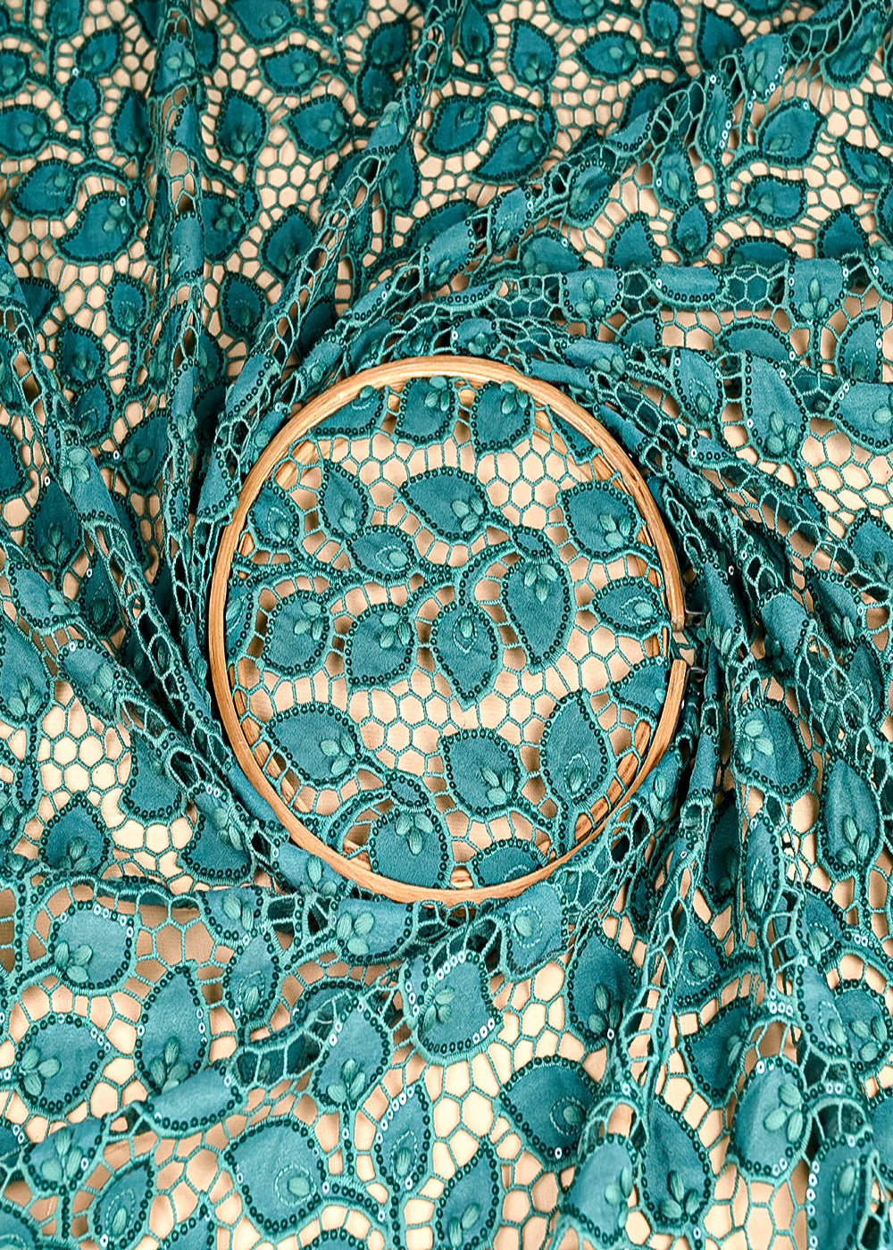 (Pre-Cut 1.15 Mtr) Green Banana Crepe Fabric With All Over Sequins And Cutwork 18832