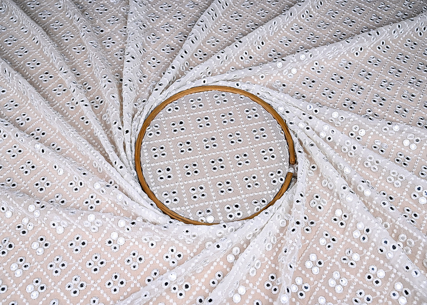 (Pre-Cut 3.15 Mtr) White Georgette Fabric With All Over Thread And Faux Mirror 18833