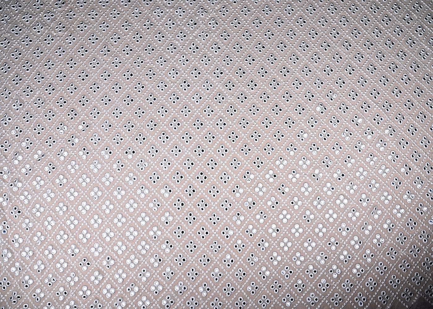 (Pre-Cut 3.15 Mtr) White Georgette Fabric With All Over Thread And Faux Mirror 18833