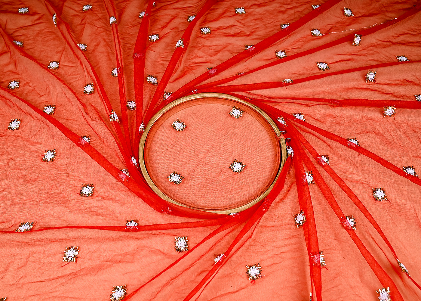 (Pre-Cut 2.1 Mtr) Red Net Fabric With All Over Sequins, Katdana And Bead Work 18834