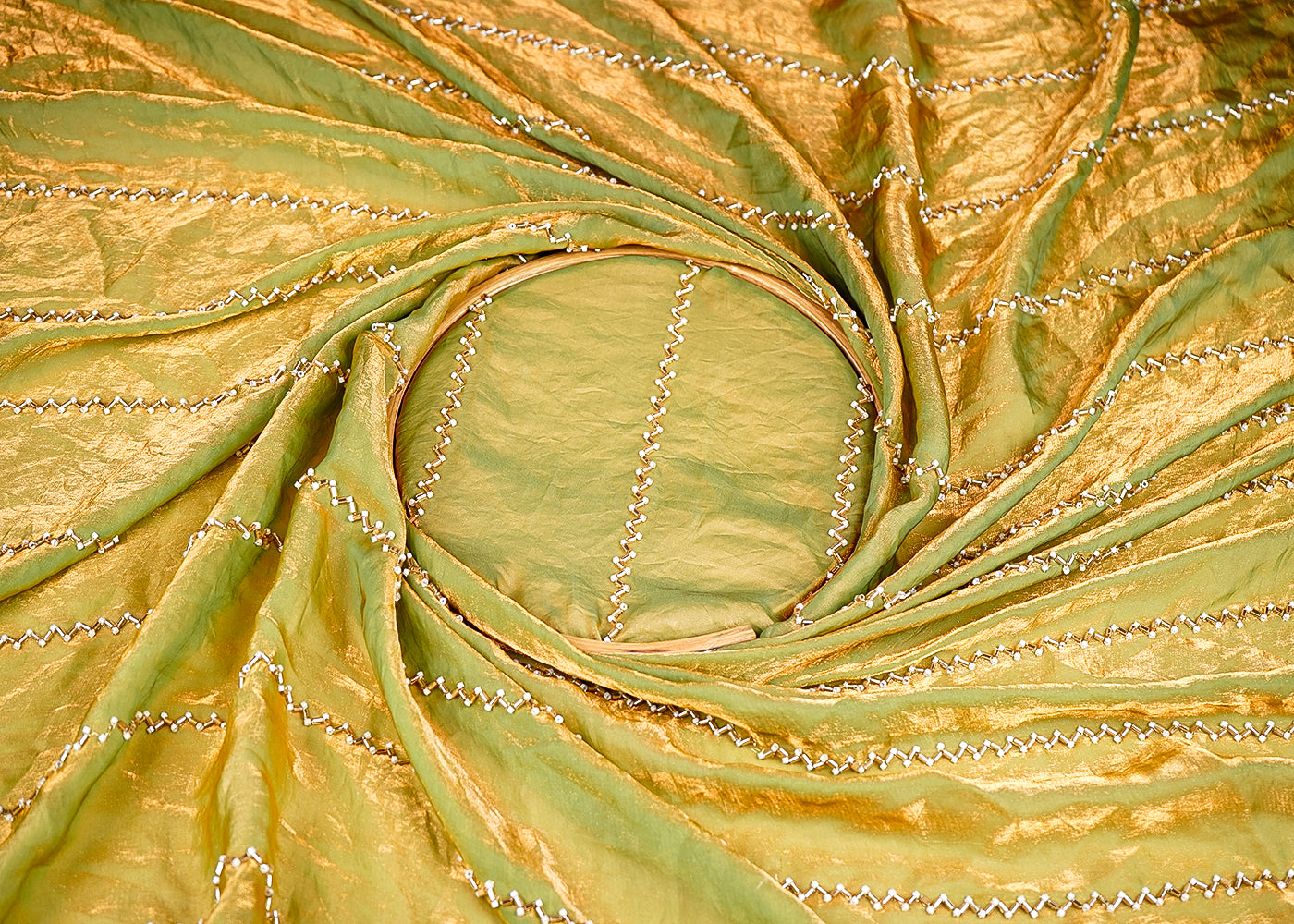 (Pre-Cut 2.5 Mtr) Sage Green Diamond Tissue Fabric With All Over Katdana And Bead Work 18838