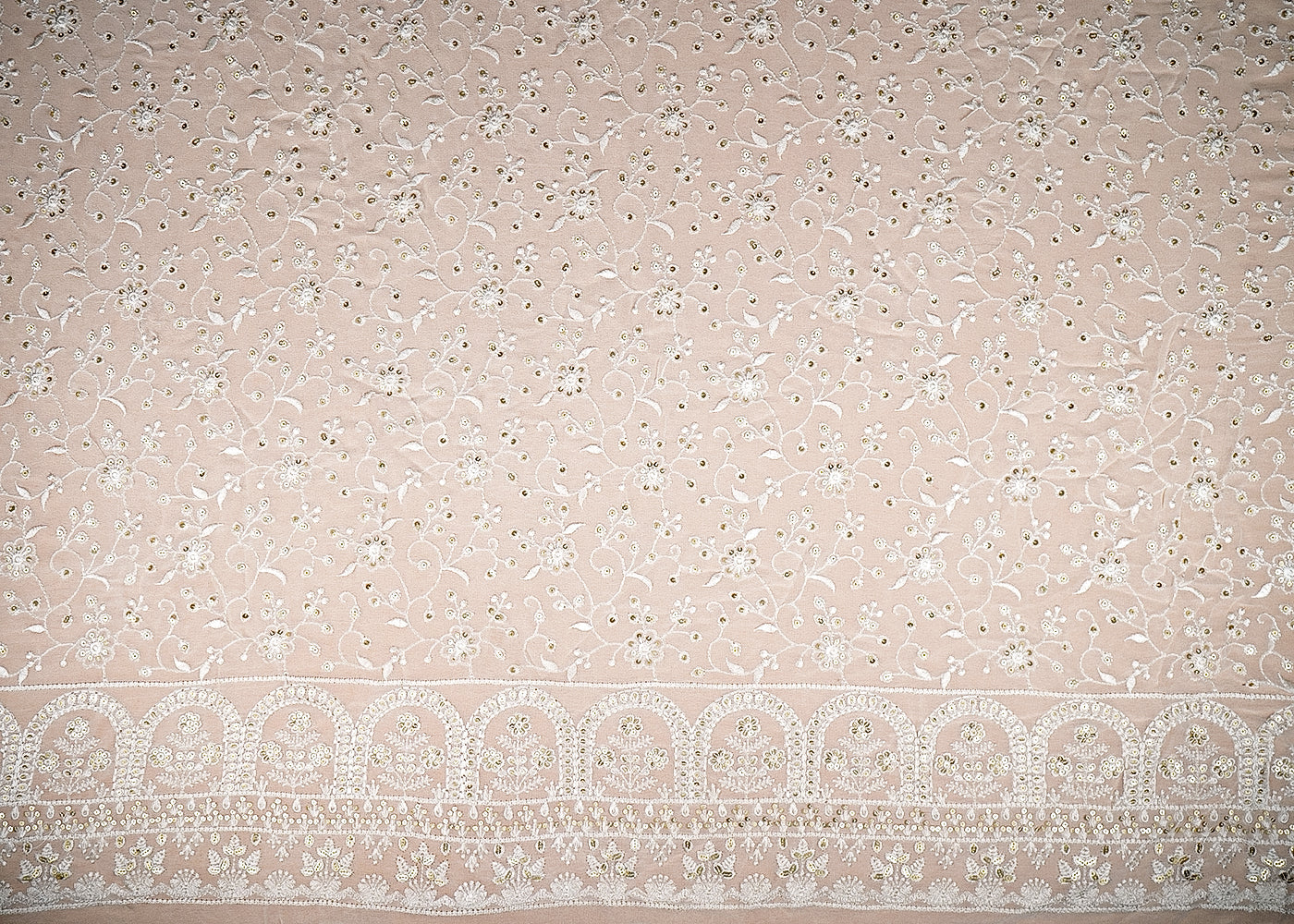 (Pre-Cut 3 Mtr) White Georgette Fabric With All Over Thread And Sequins Work With One Side Border 18839