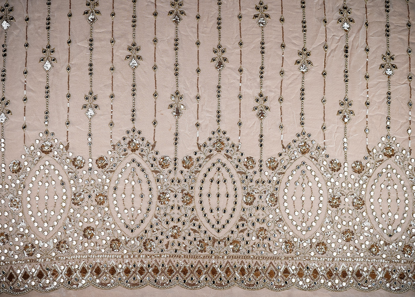 (Pre-Cut 1.8 Mtr) White Georgette Fabric With All Over Sequins And Faux Mirror Work 18840