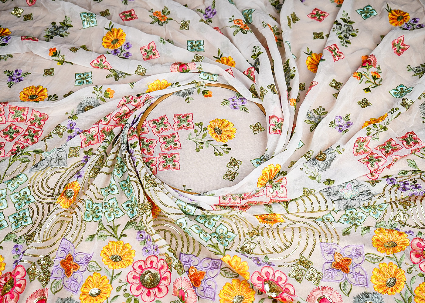 (Pre-Cut 2.25 Mtr) White Georgette Fabric With All Over Thread And Sequins Work With One Side Border 18841