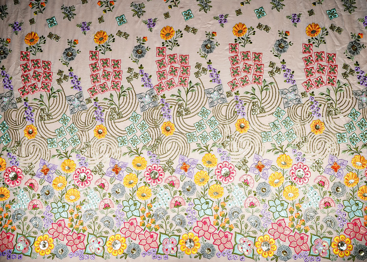 (Pre-Cut 2.25 Mtr) White Georgette Fabric With All Over Thread And Sequins Work With One Side Border 18841