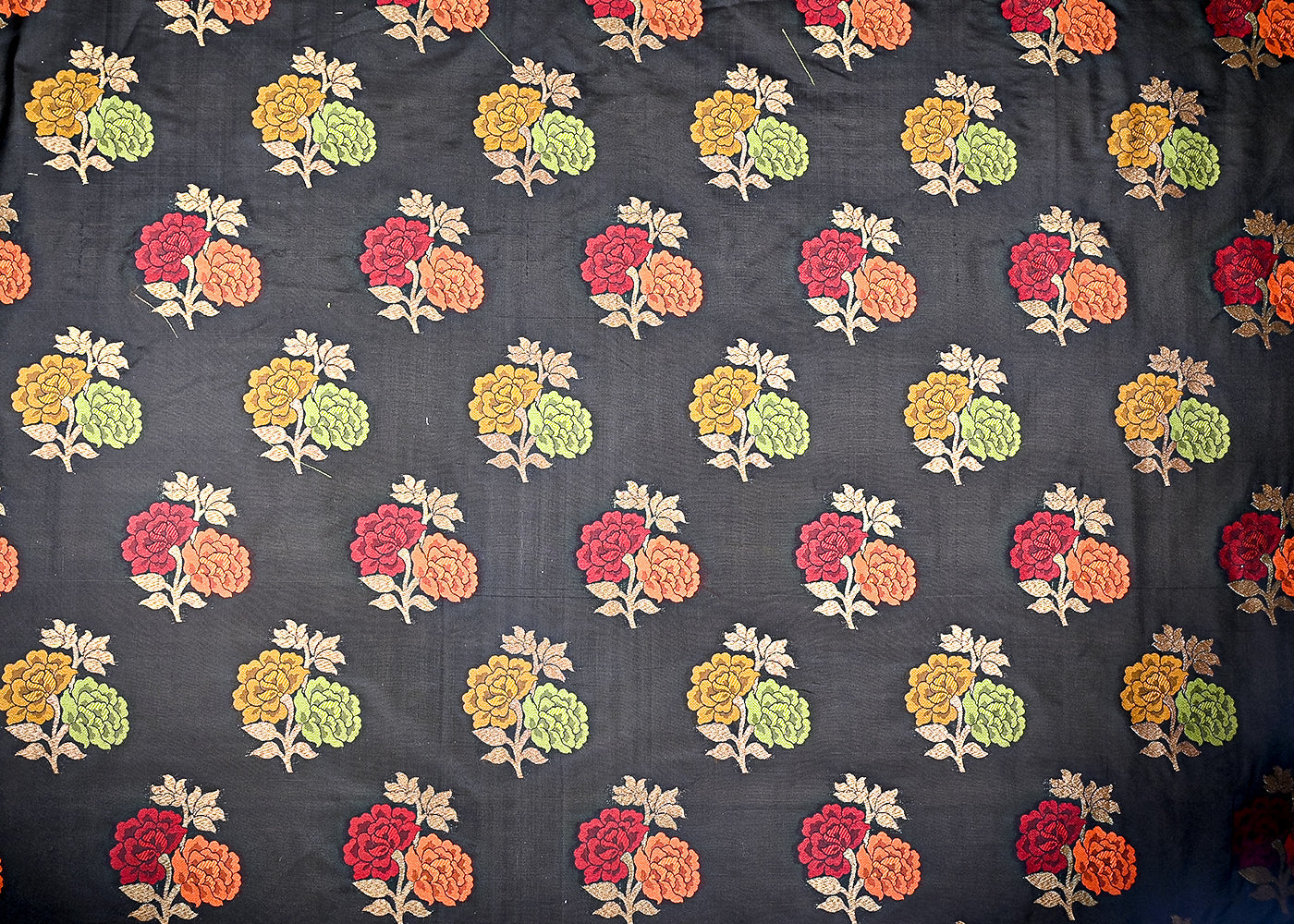 (Pre-Cut 2 Mtr) Black Silk Fabric With All Over Thread And Zari Handloom 18844