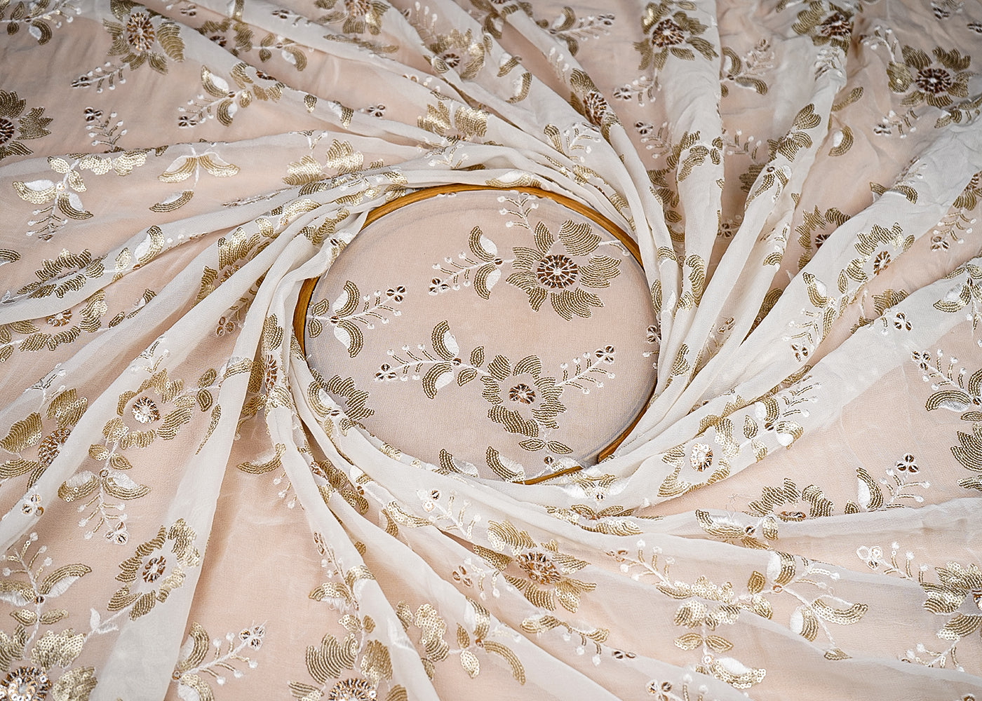 (Pre-Cut 1.6 Mtr) White Georgette Fabric With All Over Thread And Sequins Work 18846