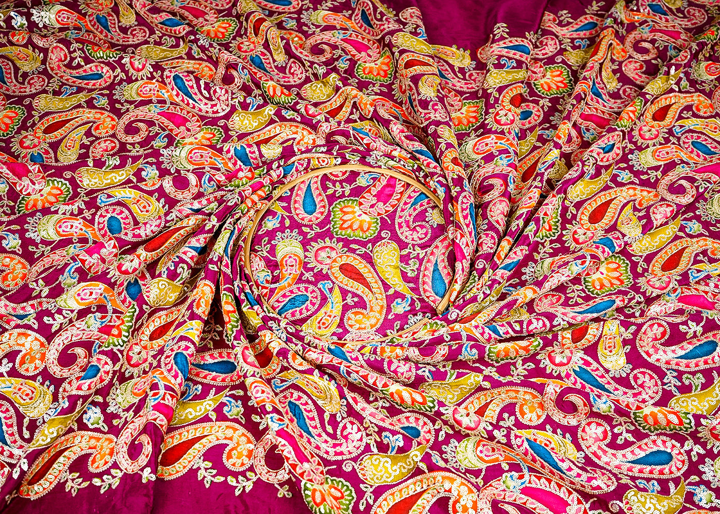 (Pre-Cut 3.75 Mtr) Wine Crepe Fabric With All Over Sequins Work 18848