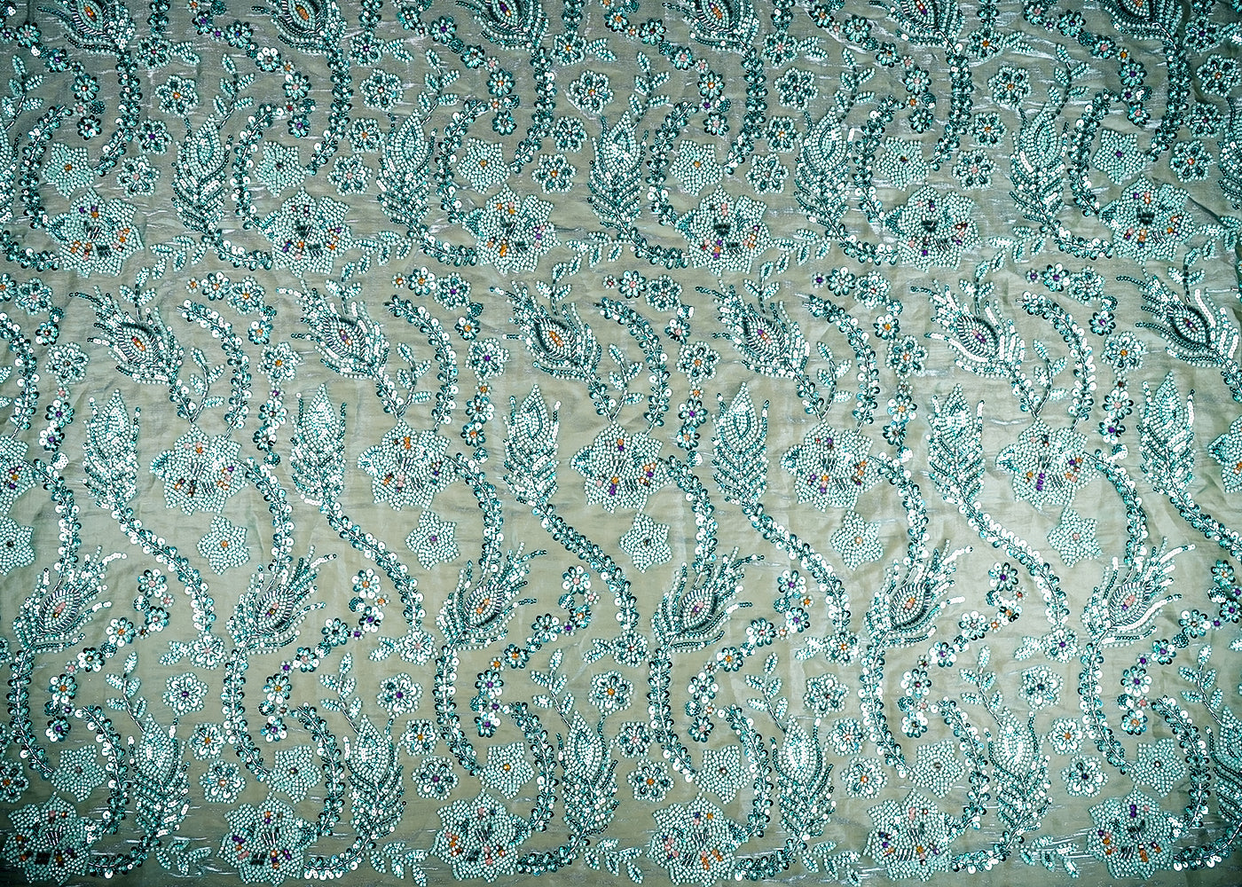 (Pre-Cut 1.7 Mtr) Rama Green Organza Satin Fabric With All Over Katdana, Sequins And Bead Work 18849