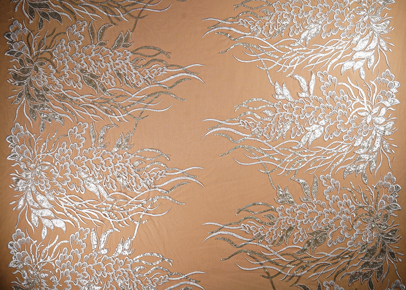 (Pre-Cut-3.75-Mtr)-White-Net-Fabric-With-All-Over-Thread,-Sequins-And-Katdana-Work-With-Two-Side-Border-18850-design-view