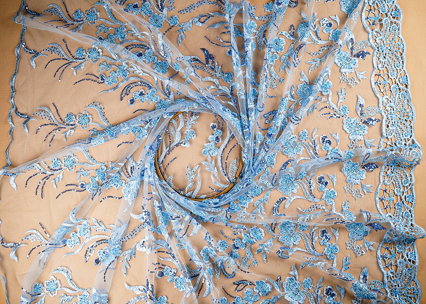 (Pre-Cut-1.1-Mtr)-Ice-Blue-Net-Fabric-With-All-Over-Sequin,-Thread-And-Bead-Work-With-One-Side-Cutwork-Border-18851