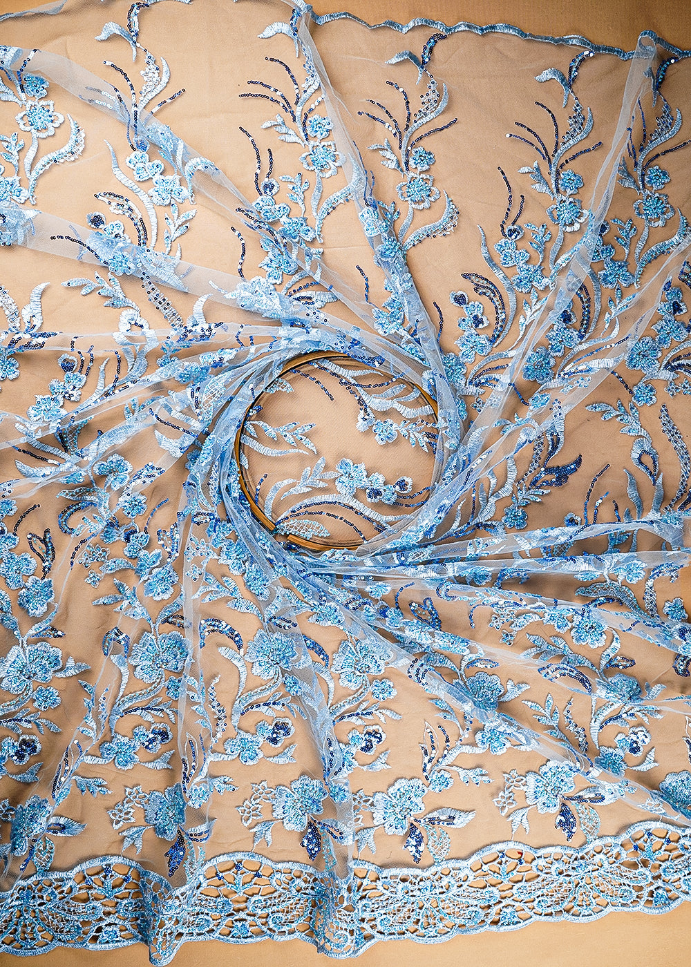 (Pre-Cut 1.1 Mtr) Ice Blue Net Fabric With All Over Sequin, Thread And Bead Work With One Side Cutwork Border 18851