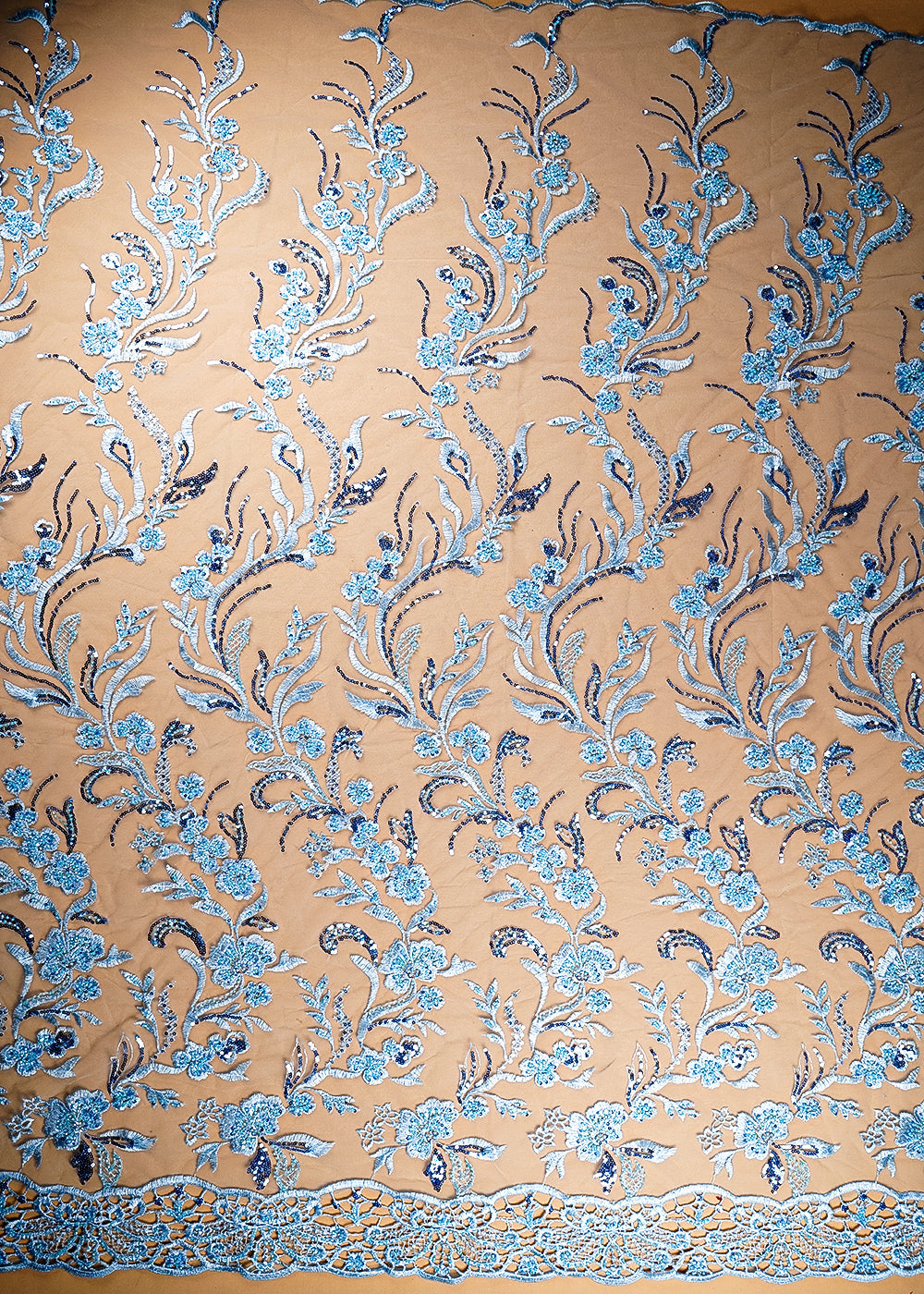 (Pre-Cut 1.1 Mtr) Ice Blue Net Fabric With All Over Sequin, Thread And Bead Work With One Side Cutwork Border 18851