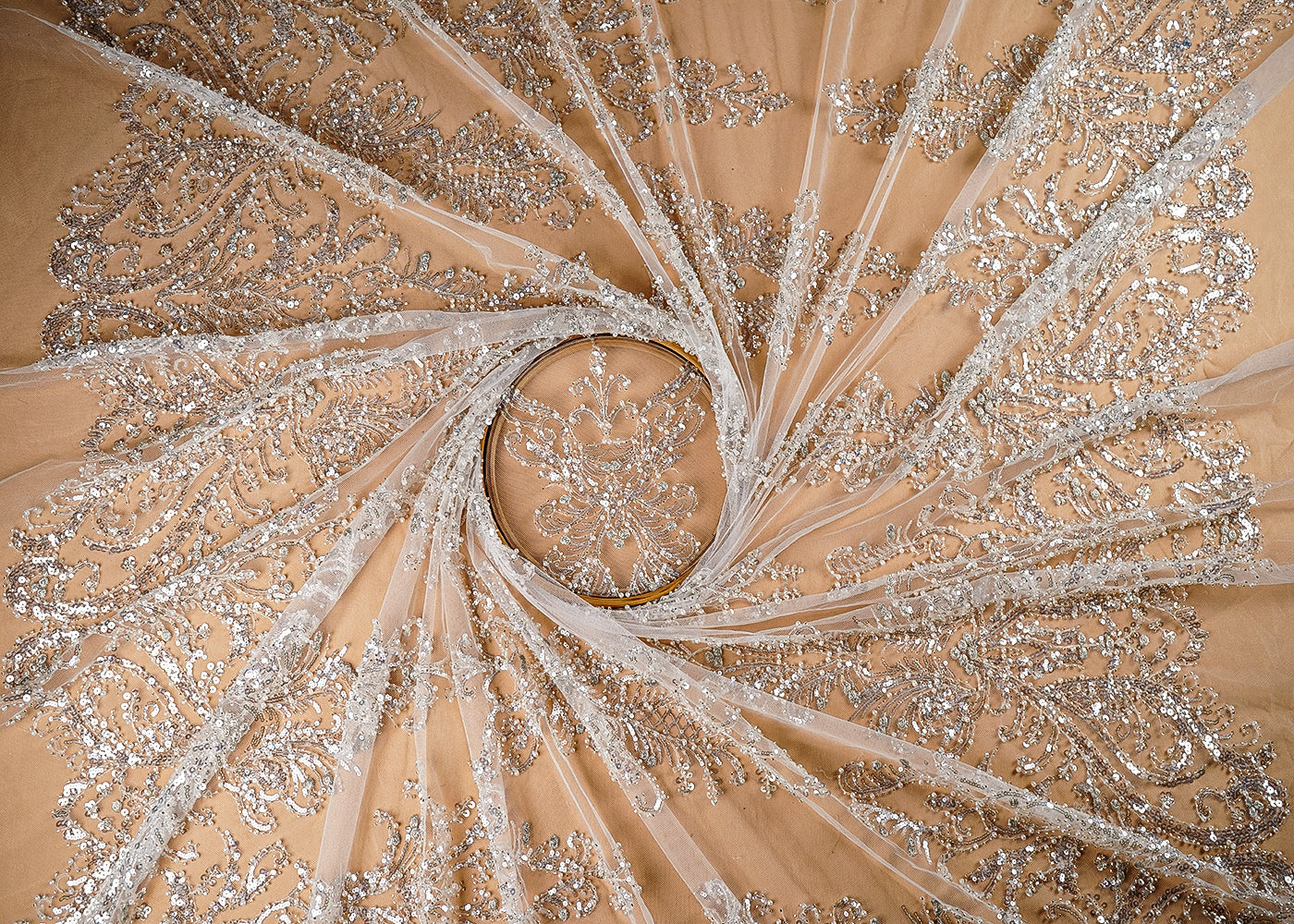 (Pre-Cut-3.15-Mtr)-White-Net-Fabric-With-All-Over-Katdana,-Sequins,-Zari-And-Bead-Work-18853