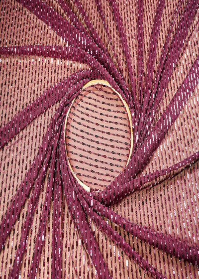 (Pre-Cut 2.5 Mtr) Wine Lycra Net Fabric With All Over Bead And Sequins Work 18854