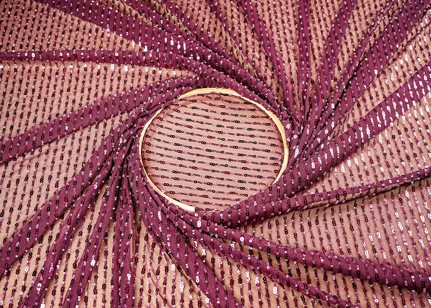 (Pre-Cut 2.5 Mtr) Wine Lycra Net Fabric With All Over Bead And Sequins Work 18854
