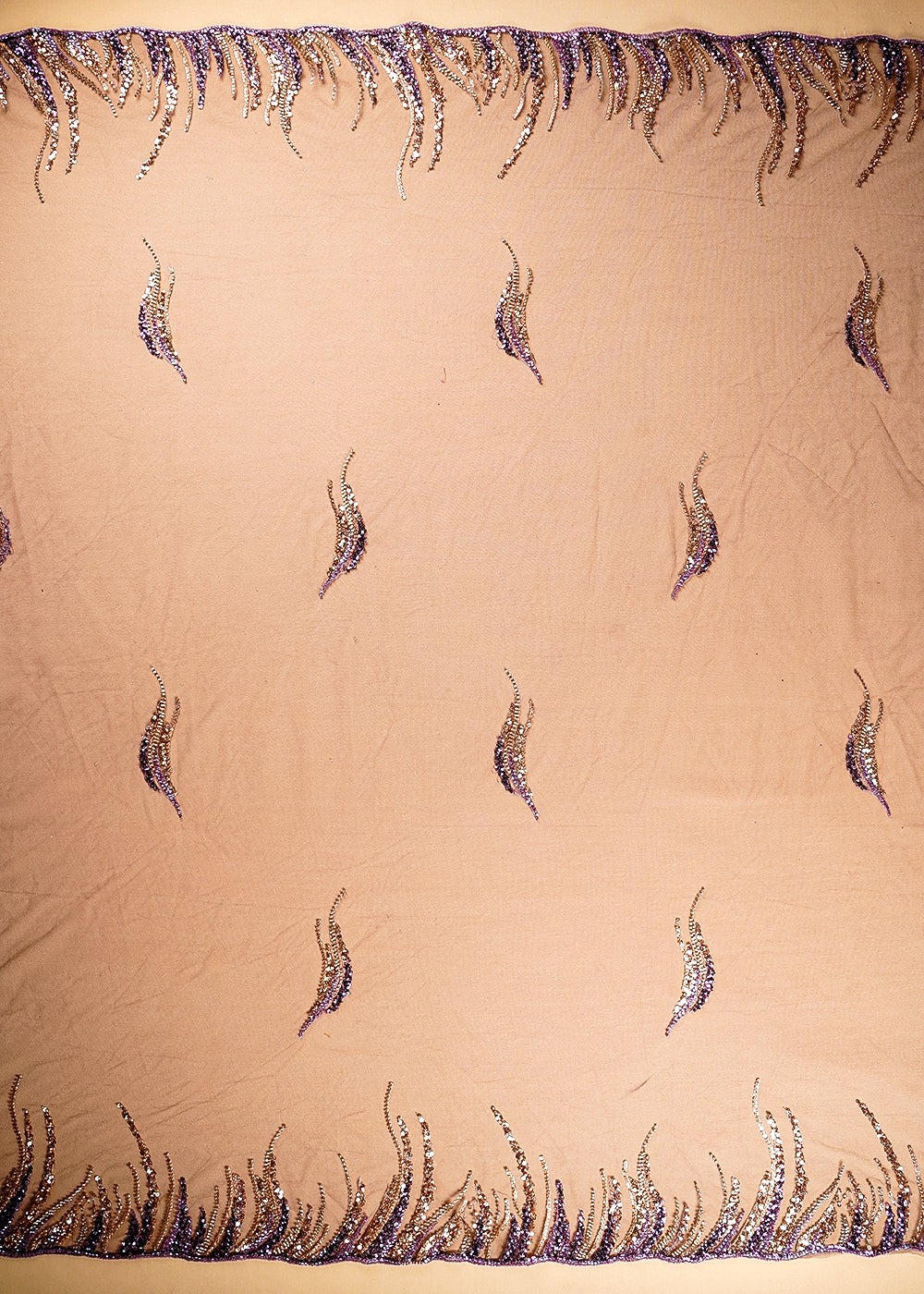 (Pre-Cut 2.1 Mtr) Purple Net Fabric With All Over Katdana, Sequins And Bead Work With Two Side Border 18855