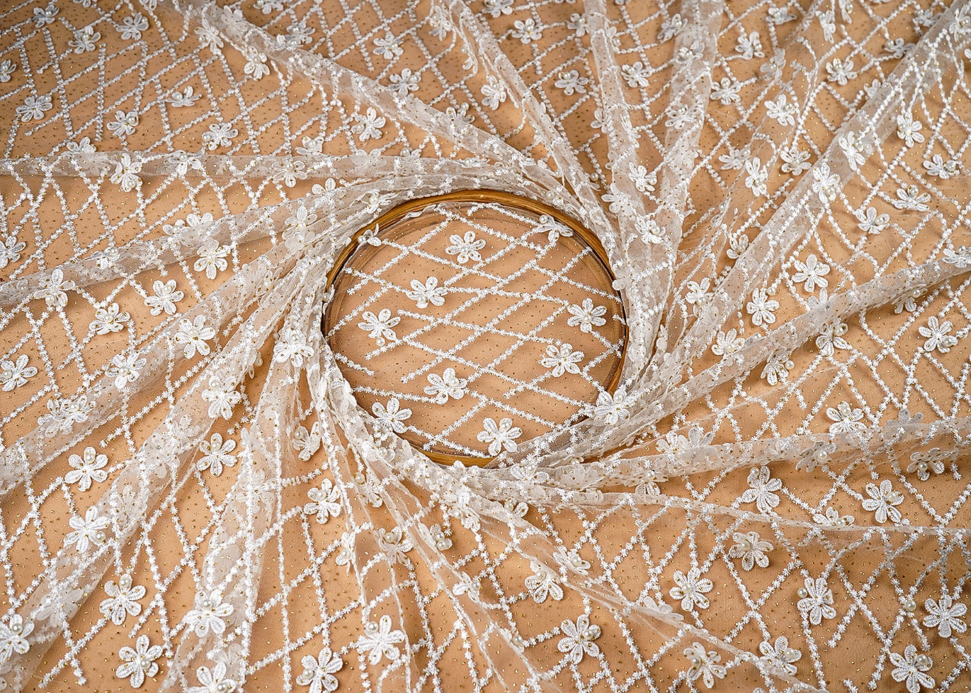 (Pre-Cut 5.45 Mtr) White Net Fabric With All Over Gliter, Thread And Bead Work With 3D Flowers 18859