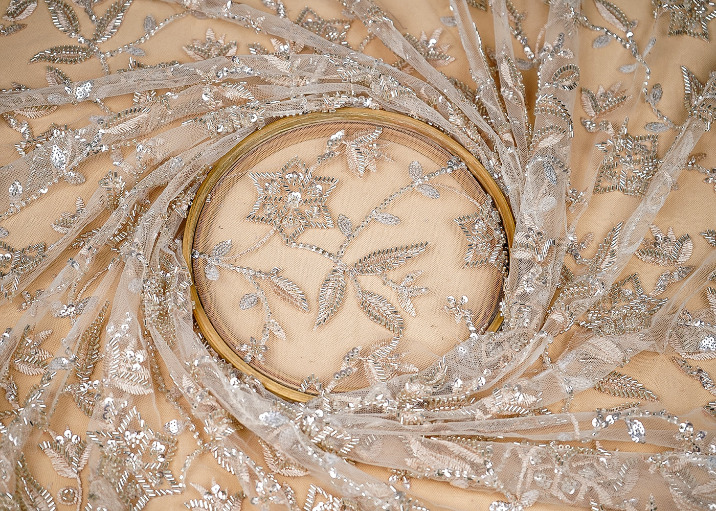 (Pre-Cut-0.9-MTR)-Cream-Net-Fabric-With-All-Over-Thread,-Sequins-And-Katdana-Work-18861