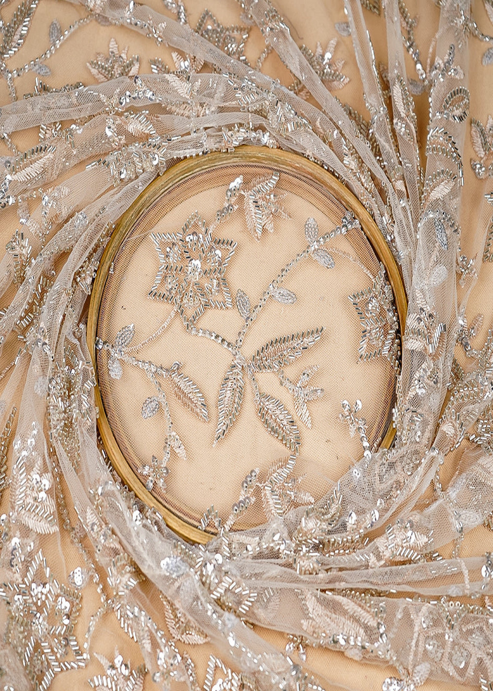 (Pre-Cut-0.9-MTR)-Cream-Net-Fabric-With-All-Over-Thread,-Sequins-And-Katdana-Work-18861