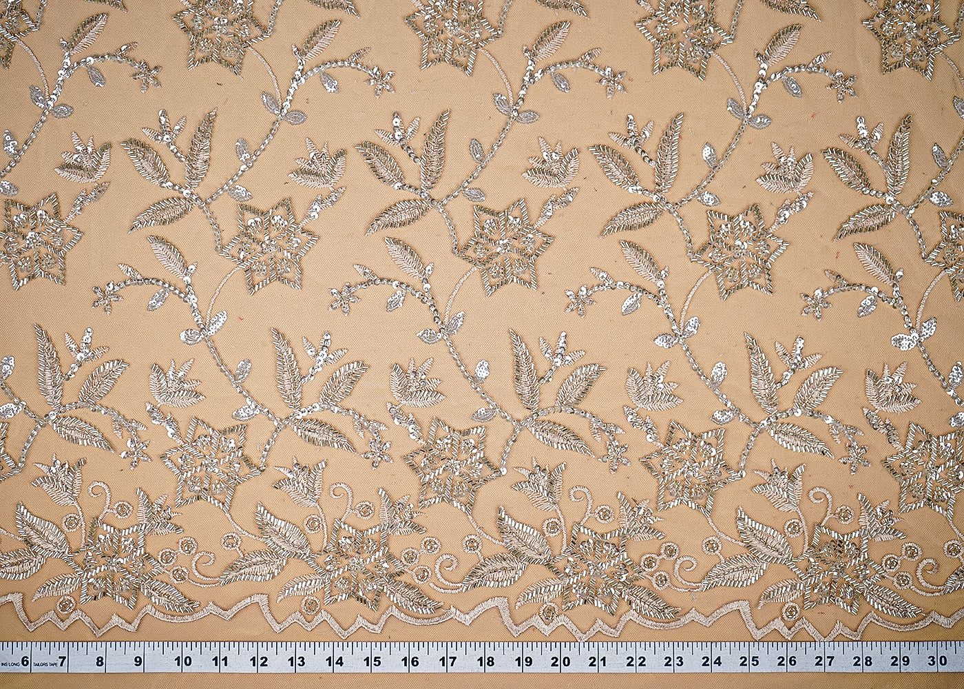 (Pre-Cut-0.9-MTR)-Cream-Net-Fabric-With-All-Over-Thread,-Sequins-And-Katdana-Work-18861-measurement-view
