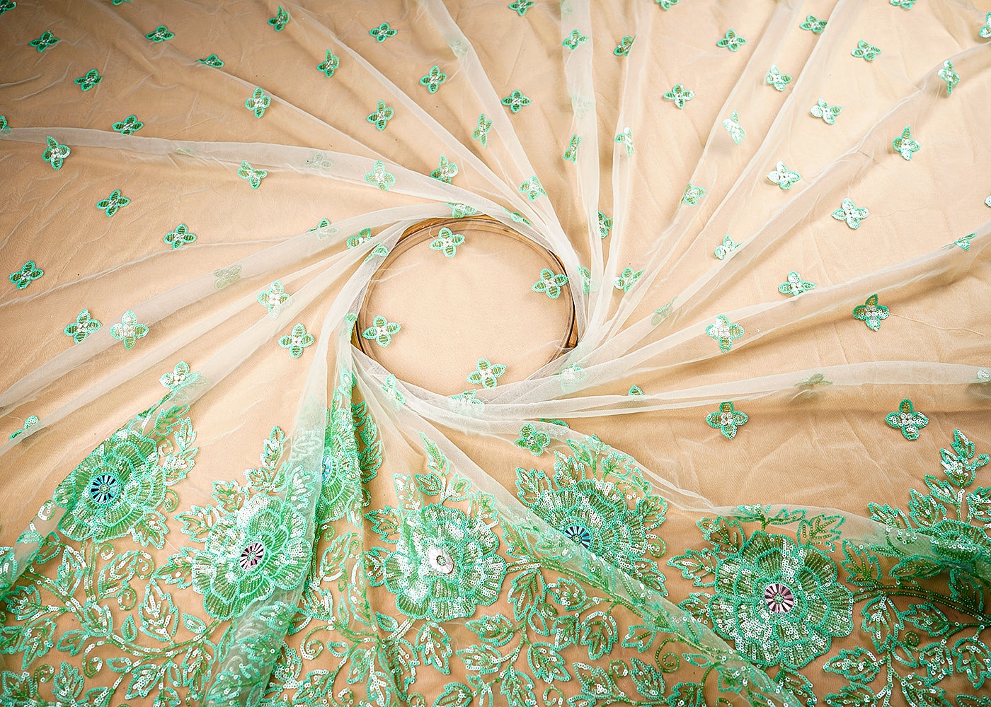 (Pre-Cut 2.35 Mtr) Mint Green Net Fabric With All Over Sequins Work With One Side Border 18865