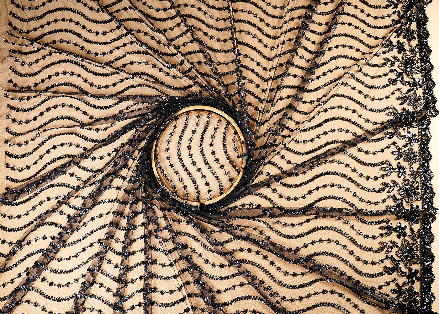 (Pre-Cut-2-Mtr)-Black-Net-Fabric-With-All-Over-Bead-And-Sequins-Work-18869