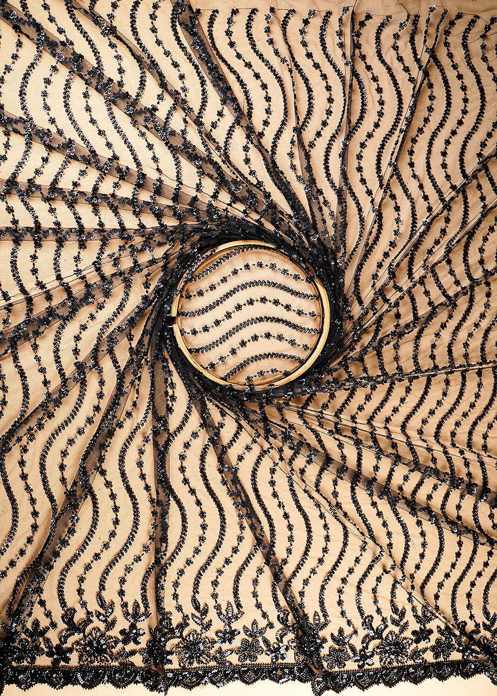 (Pre-Cut-2-Mtr)-Black-Net-Fabric-With-All-Over-Bead-And-Sequins-Work-18869