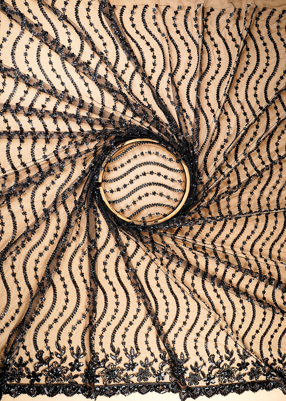 (Pre-Cut 2 Mtr) Black Net Fabric With All Over Bead And Sequins Work 18869