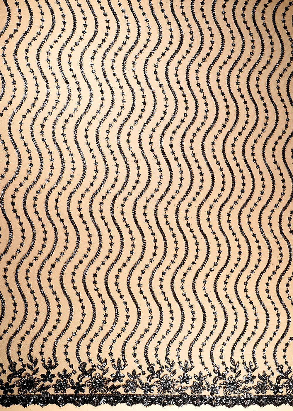 (Pre-Cut 2 Mtr) Black Net Fabric With All Over Bead And Sequins Work 18869