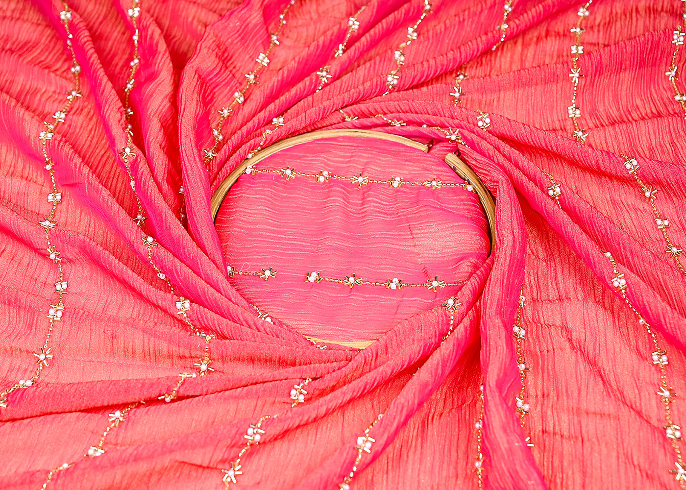 (Pre-Cut-1.5-MTR)-Rani-PInk-Crushed-Tissue-Fabric-With-All-Over-Beads-And-Katdana-Work-18873