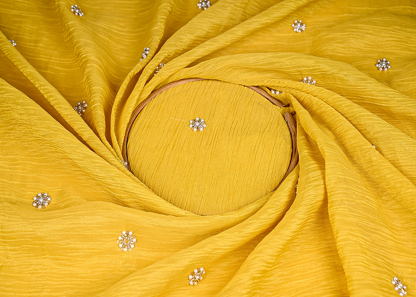 (Pre-Cut-2.7-MTR)-Yellow-Crushed-Tissue-Fabric-With-All-Over-Katdana,-Sequins-And-Bead-Work-18874