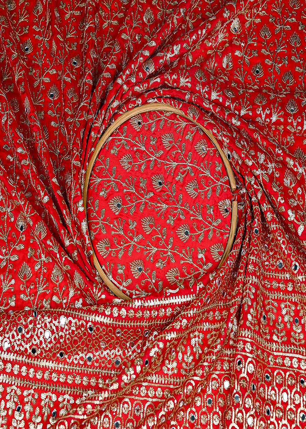(Pre-Cut-1-MTR)-Red-Organza-Fabric-With-All-Over-Sequins-And-Faux-Mirror-Work-With-One-Side-Border-18879