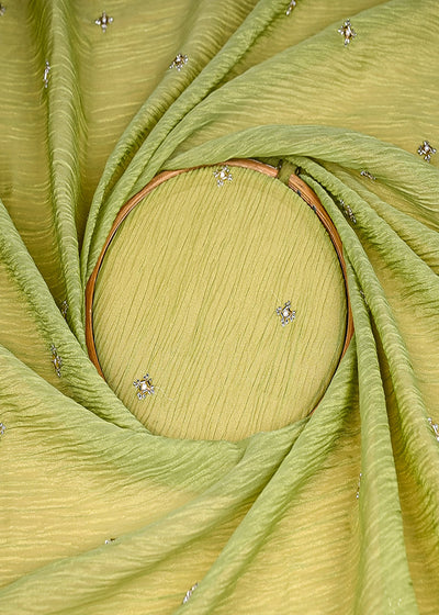 (Pre-Cut 1 MTR) Light Green CrushedTissue Fabric With All Over Katdana And Bead Work 18880