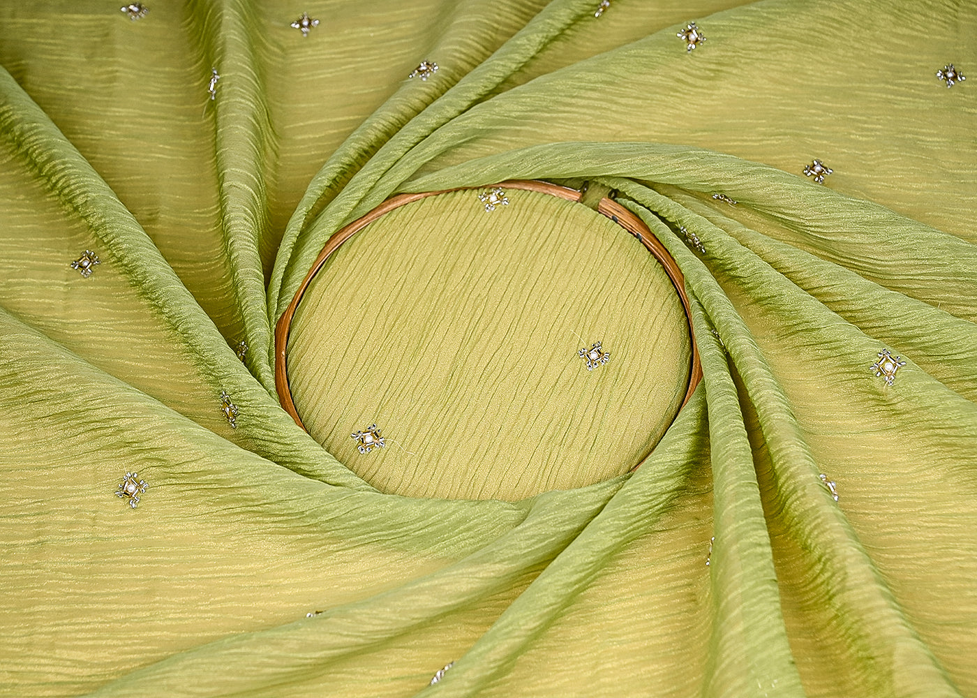 (Pre-Cut-1-MTR)-Light-Green-CrushedTissue-Fabric-With-All-Over-Katdana-And-Bead-Work-18880