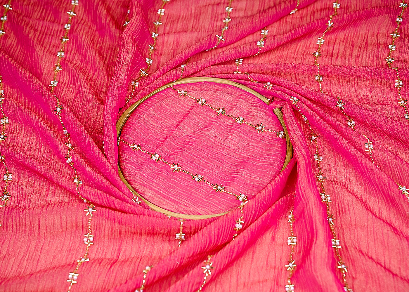 (Pre-Cut 1.1 MTR) Rani Pink Crushed Tissue Fabric With All Over Katdana And Bead Work 18882