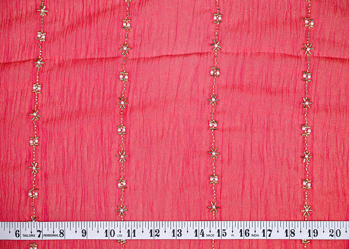 (Pre-Cut 1.1 MTR) Rani Pink Crushed Tissue Fabric With All Over Katdana And Bead Work 18882