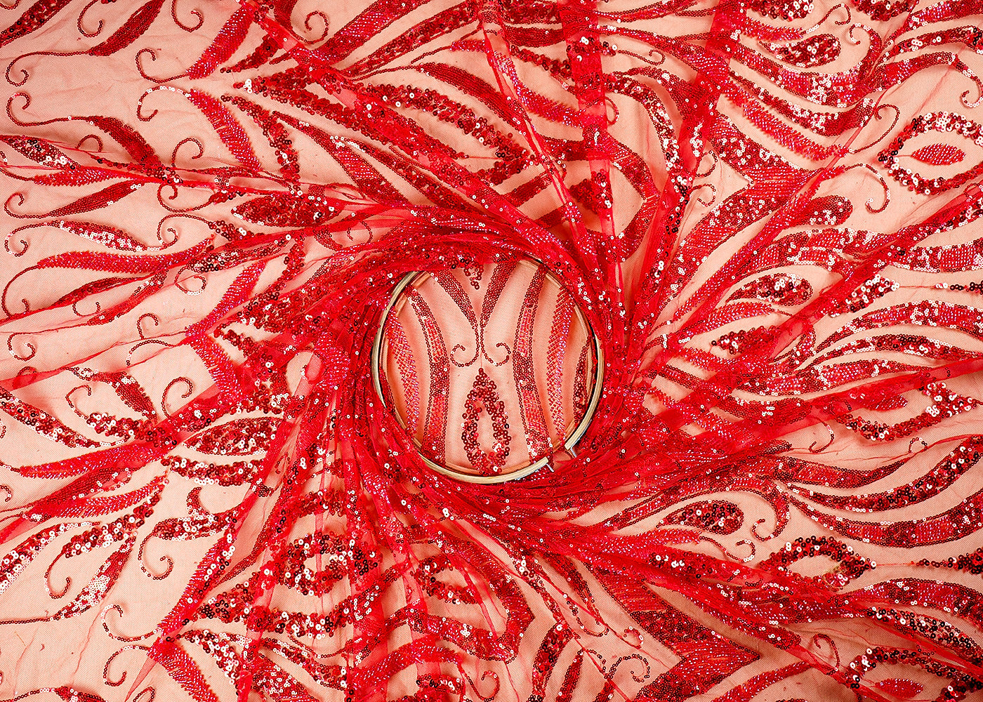 (Pre-Cut-1-MTR)-Red-Net-Fabric-With-All-Over-Sequins,-Katdana-And-Bead-Work-18890