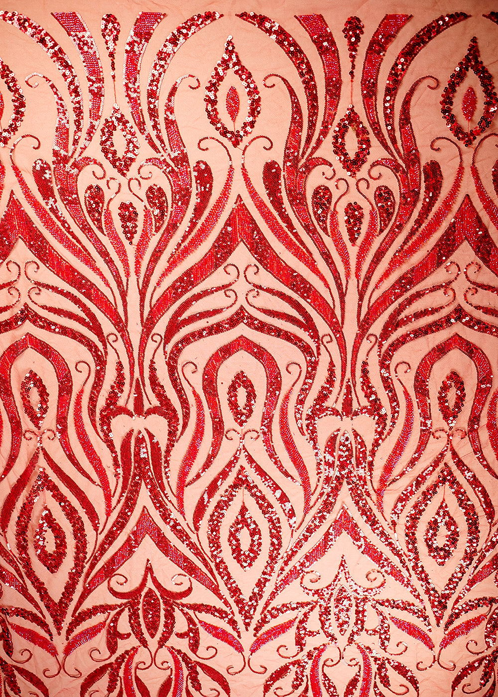 (Pre-Cut-1-MTR)-Red-Net-Fabric-With-All-Over-Sequins,-Katdana-And-Bead-Work-18890-work-view
