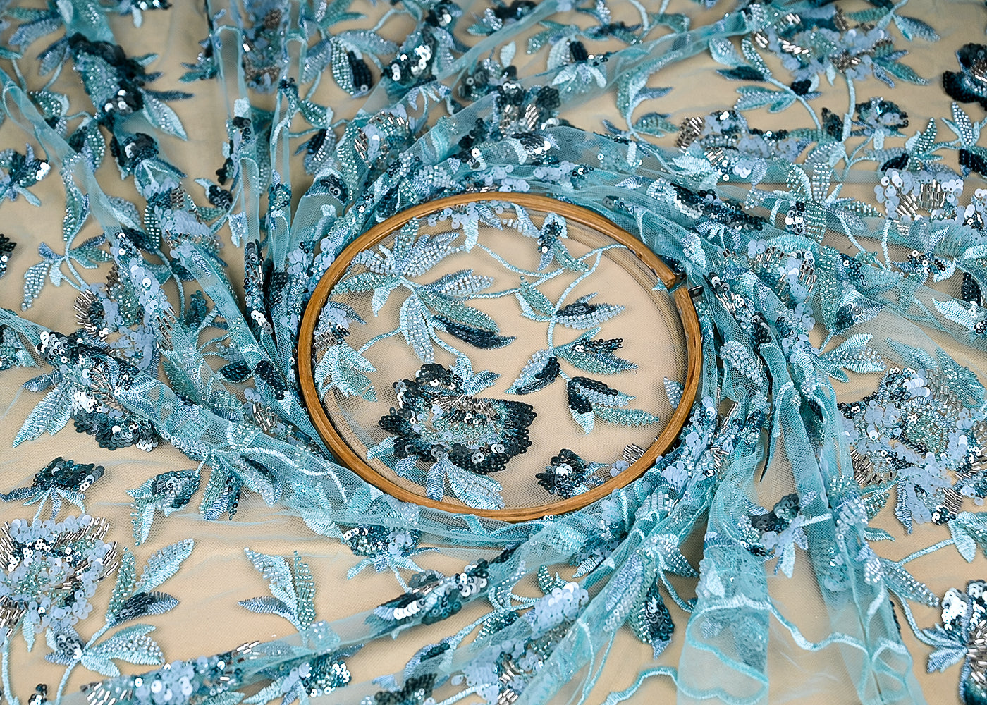 (Pre-Cut-1-MTR)-Sea-Green-Net-Fabric-With-All-Over-Sequins,-Thread-And-Katdana-Work-18891
