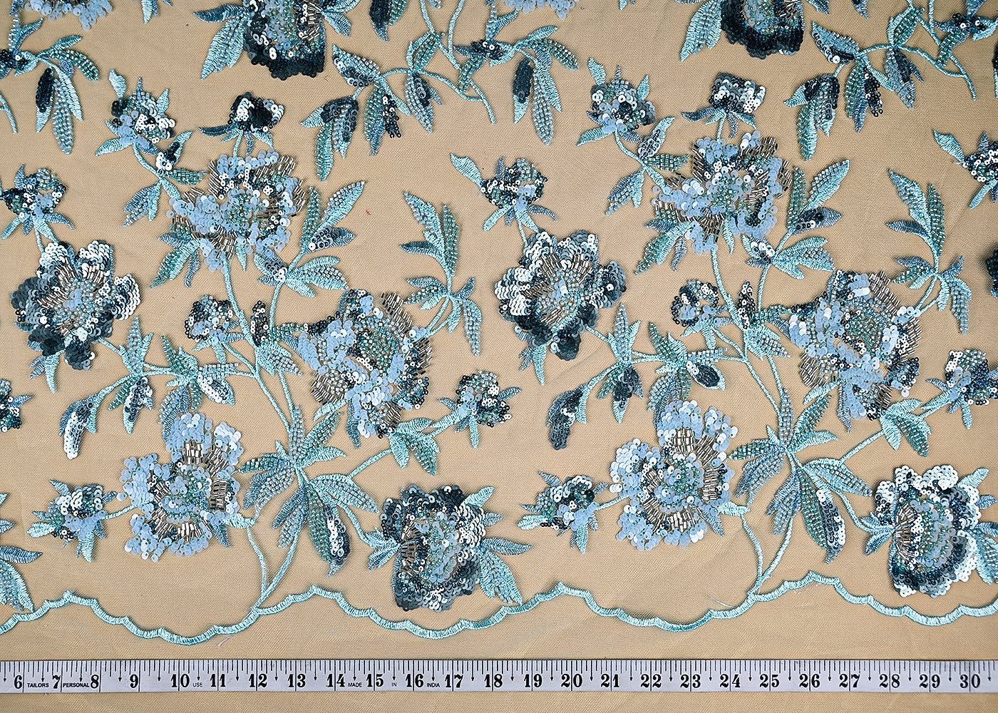 (Pre-Cut-1-MTR)-Sea-Green-Net-Fabric-With-All-Over-Sequins,-Thread-And-Katdana-Work-18891-measurement-view
