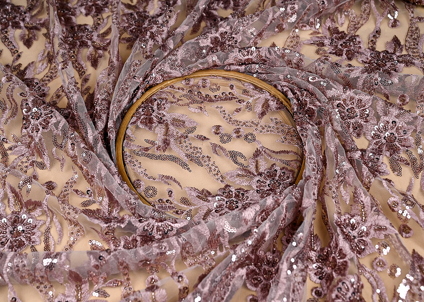 (Pre-Cut-1-MTR)-Rose-Pink-Net-Fabric-With-All-Over-Sequins,-Thread-And-Katdana-Work-18892