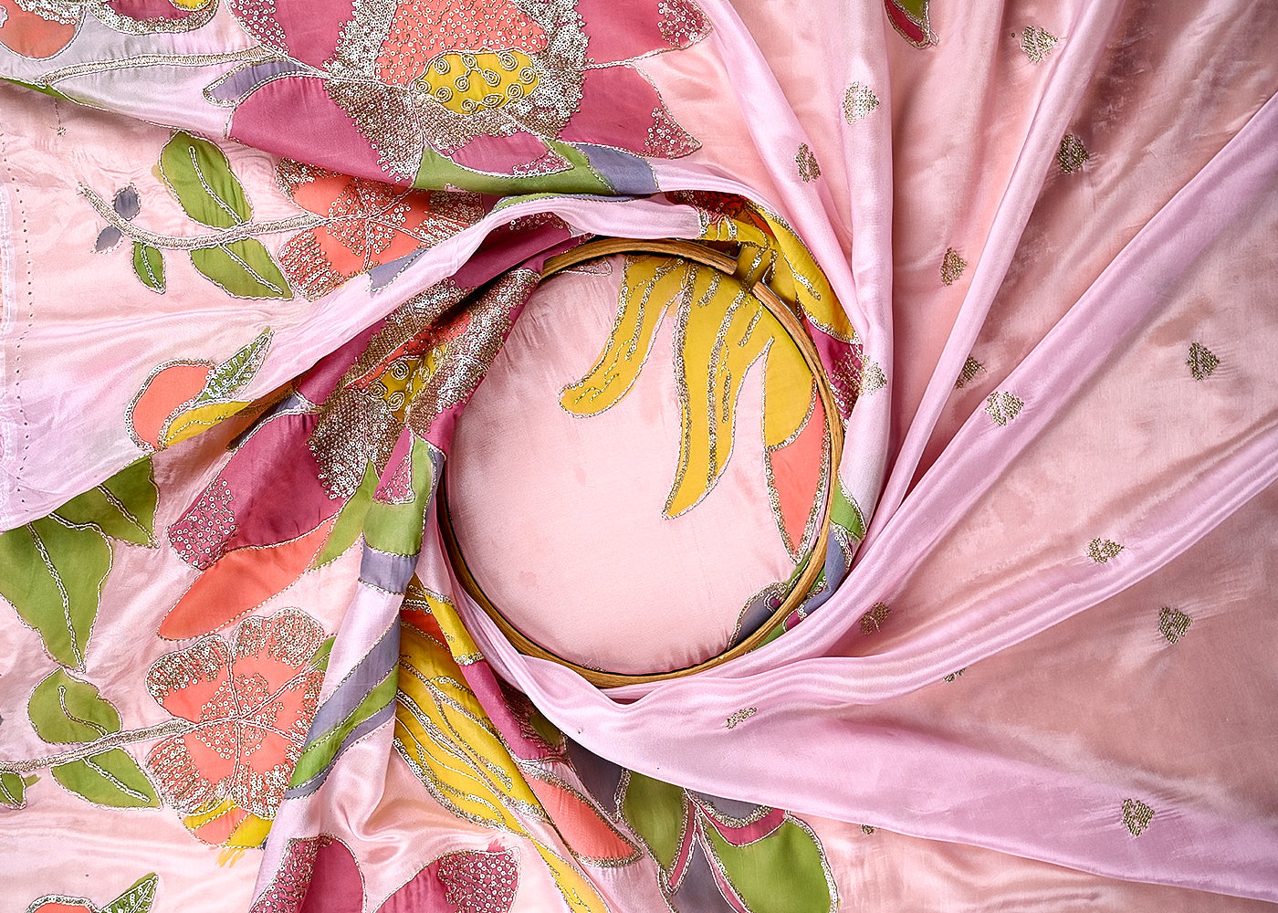 (Pre-Cut-2.4-MTR)-Pink-Organza-Fabric-With-All-Over-Zari-And-Sequins-With-Multi-Color-Border-18893